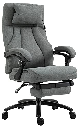 Vinsetto Bürostuhl mit Massagefunktion Ergonomischer Chefsessel mit Liegefunktion, Fußstütze Höhenverstellbar 360° Drehbar Schreibtischstuhl mit Kopfstütze, USB-Schnittstelle, Leinenoptik, Grau