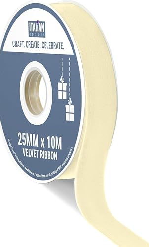 Italian Options Velvet Ribbon, Luxury, Single-Face Velvet Ribbon for Crafting, Christmas, Bows, Hair, Cakes, Weddings, Ornaments, Gift Wrapping, Flowers, 25mm x 10 Metre Roll, Antique Ivory