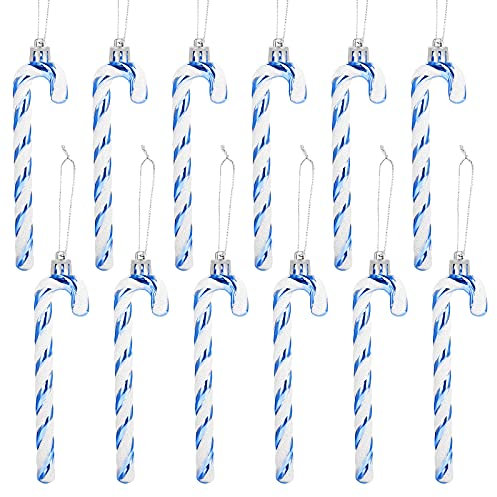 GWHOLE 12 Pcs Blue & White Christmas Candy Cane Decorations - Glitter Plastic Ornaments for Tree