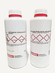 EUROTEX KIT ACERO CORTEN ACTIVADOR OXIDO + BARNIZ PROTECTOR METALES SATINADO (1 Litro, 1000 ml)
