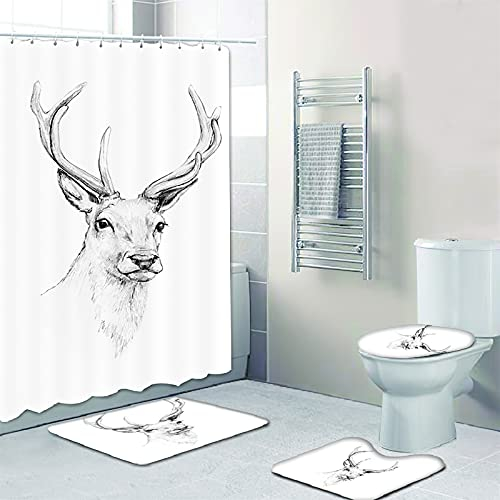 Fgolphd Elch Muster Duschvorhang 180x200 180x180 Hirsch Tierbild Badezimmerteppich 4-teiliges Set, Shower Curtains Wasserdicht (180 * 200,8)