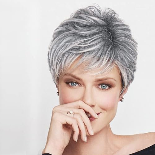 Becus Kurzhaarperücke, Ombré-Stil, silbergrau, Pixie-Schnitt, dunkle Wurzel, glattes geschichtetes kurzes Haar mit Pony, Kunsthaar, Pixie, kurze Perücken für Frauen (Ombre Silbergrau)
