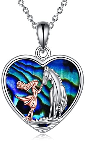 YFN Pferd mit Mädchen Anhänger Halskette 925 Sterling Silber Abalone Pferd Schmuck Geschenk für Frauen Freundin Tochter 18 (White Horse Necklace)