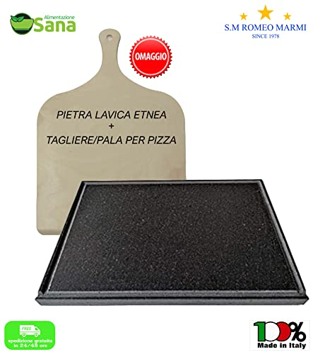 Piastra in pietra lavica Etnea + Tagliere/pala omaggio-ollare, refrattaria per barbecue a gas, forno elettrico per pizza, pane, bistecchiera carne grigliata (40 x 35 cm3), Nero