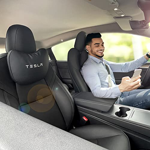 Tesbeauty Tesla Kopfstützenkissen, Tesla Nackenkissen für Tesla Model Y, Tesla Model 3, Model X, Model S, echtes Nappaleder, Schwarz, 2 Stück