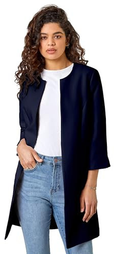 Roman Originals Textured Longline Jacket for Women UK Ladies Reefer Coat Lined Tailored Lightweight Long Autumn Winter Smart Casual Office Work Business Evening Going Out - Navy - Size 10