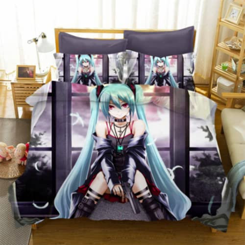 YuZong Hatsune Miku Bettwäsche aus weichem Polyester dreiteilig Anime-Bettbezug Kissenbezug Anime-Figuren Cartoon-Kinder Kinder Teenager Erwachsene