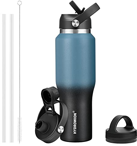 HYDROWION 900 ml Wasserflasche, doppelwandig, vakuumiert, Edelstahl, isoliert, mit Strohhalmdeckel, Auslaufdeckel und Flexkappe (kalt für 48 Stunden, auslaufsicherer Thermobecher, blau und schwarz