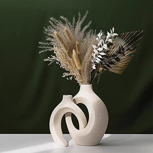 Weiße Keramikvase für Pampasgras, Unregelmäßige Donut-Vase für frische/trockene Blumen, Neutrale Boho Nordic Minimalismus Stil Blumenvasen für Esstisch, Wohnzimmer, Büro, Schlafzimmer (2er-Satz - B)