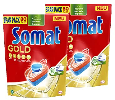 Somat Gold - Pastillas para lavavajillas (2 x 80 pestañas), para platos limpios y radiantes, incluso a bajas temperaturas, extra fuerza contra quemaduras