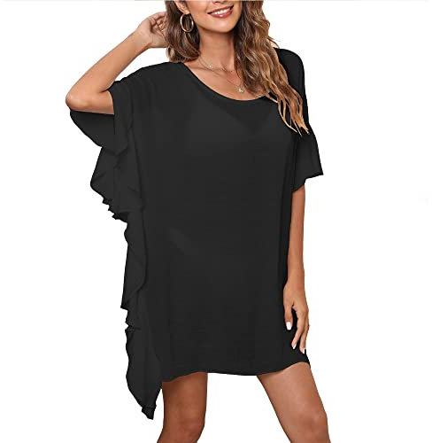 MIXIDON Vestido Playa Mujer Pareos Playa Mujer Kaftan Mujer Vestidos Playa Vestidos Tejidos Crochet Vestido Playero Mujer Verano Mangas con Volantes Cuello Redondo Talla única Negro