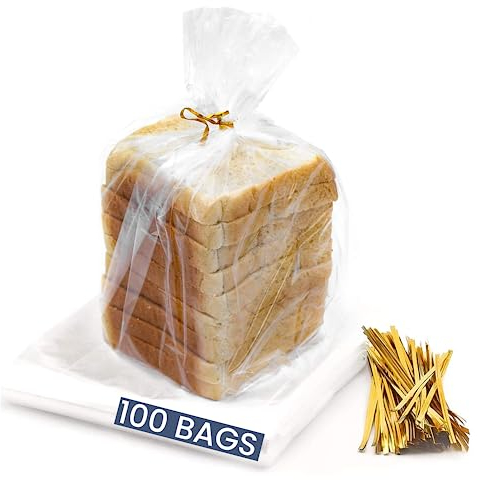 100 Clear Bread Bags with Ties - Adjustable & Reusable Bread Bags for Homemade Bread - Food Safe Bread Bag