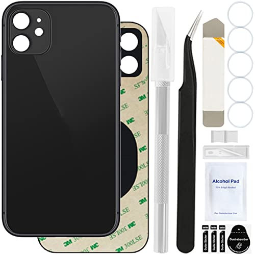 ZHUROUPU Rear Back Cover Glass (without Logo) Replacement Compatible with iPhone 11, Professional repair Tool kit, Pre-Installed Adhesive and Rubber Bands (6.1 inch/Black)