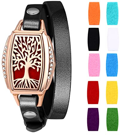 Cupimatch Aromatherapie Damen Armband Lebensbaum Edelstahl Hohl Rund Medaillon Armreif Aroma Locket Diffuser Duftstofflocket mit 10Pcs Baumwolltuch