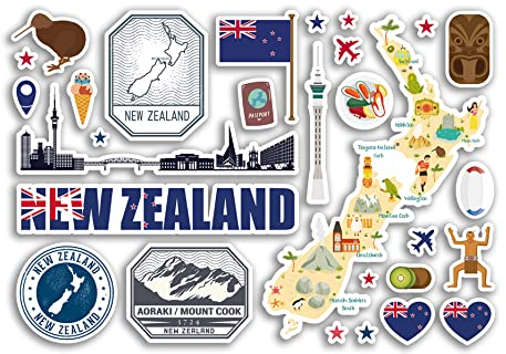 A5 Aufkleberbogen Neuseeland Sehenswürdigkeiten Vinyl Aufkleber – Kiwi Karte Flughafenstempel Skyline Flagge Reisen Urlaub Land Stadt Ästhetik #80368
