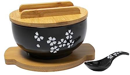 lachineuse - Grand Bol Asiatique en Porcelaine - Soupe & Nouilles - Teinte Noire ⌀ 16 cm - Style Japonais Sakura - Contenance 1000 ml - Cuillère, Baguettes & Support - Déco Cadeau Vaisselle Japonaise