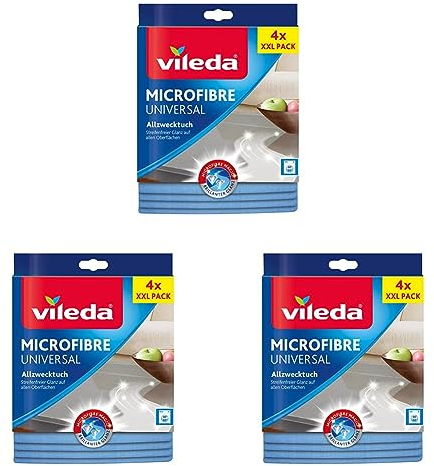 Vileda Allzwecktuch Universal, zu 100% aus Mikrofasern, streifenfreier Glanz, für empfindliche Oberflächen, 38 x 36 cm, 12er Pack