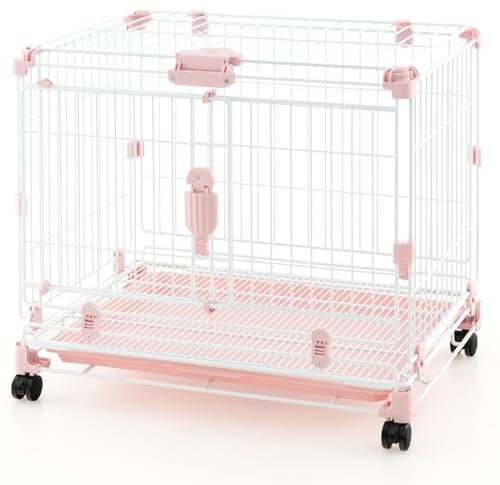 COSTWAY Folding Dog Crate, Metal Pet Training Cage with Lockable Wheels, Double Doors, Slide-out Tray, Movable Puppy Kennel Furniture for Small Dogs