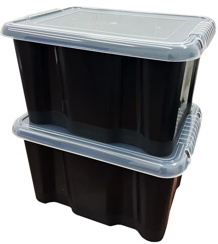 STORM TRADING GROUP 24 Litre Large Black Plastic Storage Box With See Through Lids Stackable Organizing Box Container For Bedroom, Garage & Office (3)