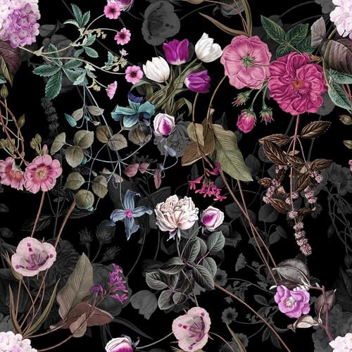 REDAMANCY Black Pink Red Peony Mythical Flower Peel and Stick Wallpaper Vintage Wall Paper Stick on Contact Paper Easy Peel Off for nightstand Drawer Renter Friendly 17.7x236