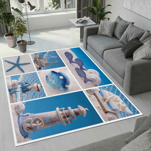 ROUSKI Maritime Teppich Wohnzimmer Schlafzimmer 3D Muster Design Strand Leuchtturm Teppiche rutschfest Waschbarer Kurzflor Teppich Grösse 60x90 cm Flauschig Weich Soft Home Outdoor Carpet Matte