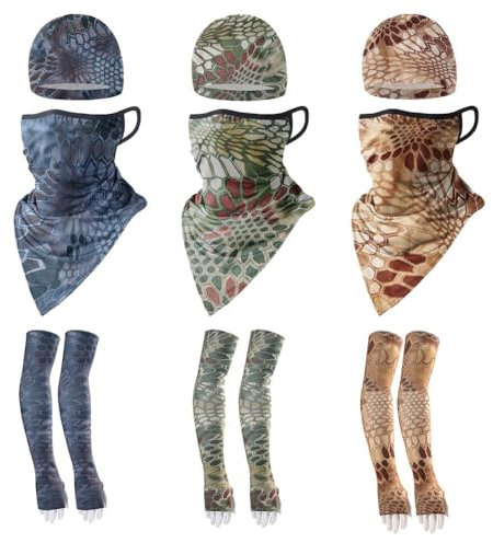 3 Paare Kühlung UV-Schutz Ärmlinge & Gesichtsmaske mit Ohrschlaufen Bandanas Halstuch & Skull Cap,Anti-UV-Sonnenschutz Arm Sleeves Tattoo Cover Motorrad Schal für Frauen Männer Radsport Laufen Wandern