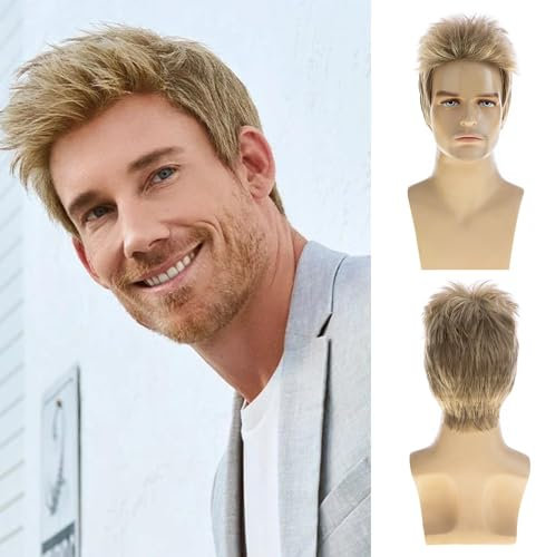 Männer kurze blonde Perücke kurze Schichten flauschige natürliche Aussehen synthetische Halloween Cosplay Kostüm Männer Perücke