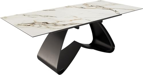 DELIFE Esszimmertisch Edge Keramik Calacatta Luxe Weiß-Gold-Grau 180-220x100 W-Gestell Schwarz ausziehbar