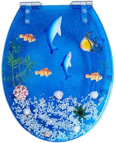 SLDAGe Blue Soft Close Toilet Seat, Ocean Series Art Slow Close Resin Toilet Seat Lid with Real Flowers Seashells And Sands De Vraie Fleur Et Sable Pour Type U/V/O,Blue 1