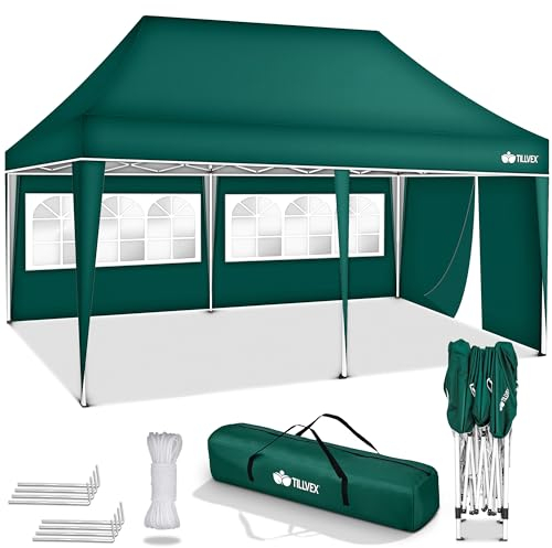 tillvex Pavillon 3x6m wasserdicht | Pop-Up Faltpavillon höhenverstellbar | Gartenzelt UV Schutz 50+ | Partyzelt mit Tasche für Garten (Grün - mit 3 Seitenteilen)