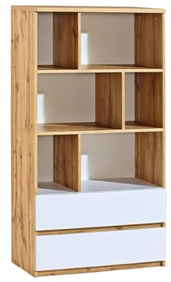 MINIO go for it - Bücherregal 80 cm Breit, Wohnzimmerschrank mit 2 Schubladen und Fächern, Mehrzweckschrank für Wohnzimmer, ARCCA Serie - Bücherregal Weiß/Wotan Eiche - B:80cm x H:150 cm x T:40cm