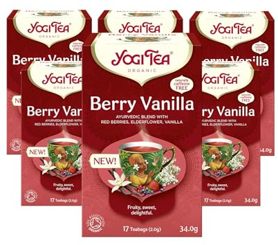 Yogi Tea, Berry Vanilla, Organic Herbal Tea, Naturally Caffeine Free, Blend of Red Berries, Vanilla and Elderflower, 6 Packs x 17 Tea Bags (102 Teabags Total)
