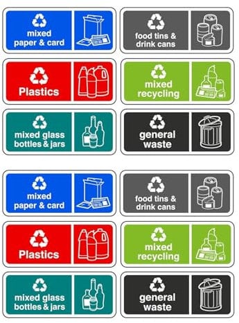 Benaewa 12 Pcs Bin Stickers, Recycling Stickers for Bins, 15x10cm High Tack Self-Adhesive Waterproof Sticker