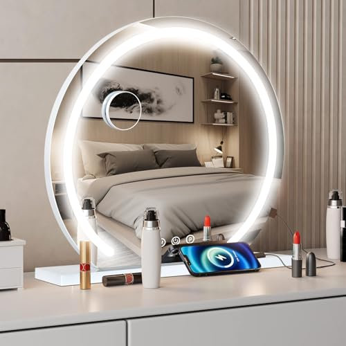 YOURLITE Hollywood Vanity Mirror with Lights, 60cm Round Dimmable LED Makeup Mirror, 3 Lighting Modes, Touch Control, USB Charging Port for Tabletop & Wall Mount