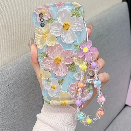 Fxlzcw for iPhone X iPhone Xs Curly Wavy Case, Cute Colorful Retro Oil Painting Flower Glossy Pattern [with Bead Chain], Slim Fit Shockproof Protective Cover for Girls Women (Green)