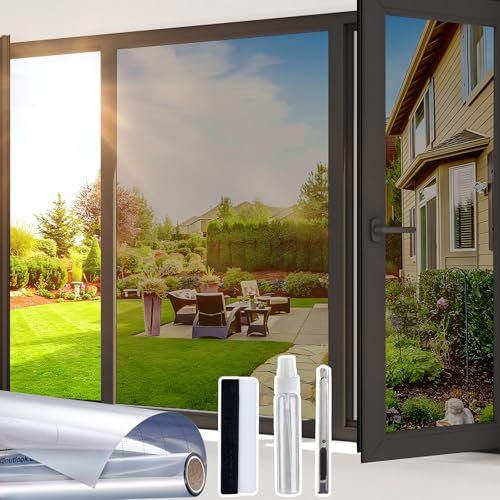 Beautysaid Heat Reflective Window Film Privacy Film for Glass Windows, One Way Mirror Window Tint Film Home, UV Sun Blocker Anti Glare Vinyl House Doors Cover with Tools, Silver, 44.5 x 200cm