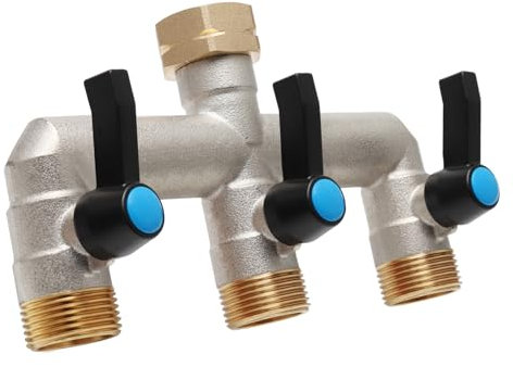 OPERMAXER Distribuidor de 3 vías [gran flujo], grifo de 3/4 pulgadas, distribuidor de agua de latón niquelado, mango de metal extendido, salida más grande para un riego más eficiente del jardín