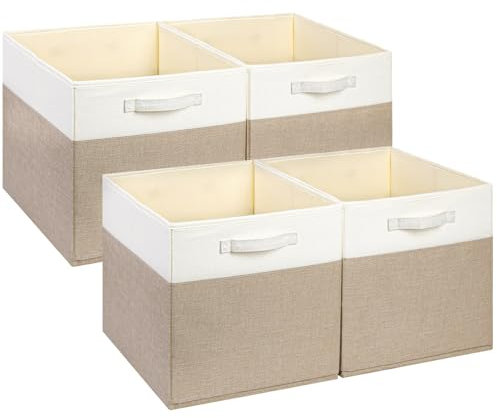 SOCOHOME Cube Fabric Storage Boxes,28x28x28cm Foldable Storage Baskets for Toys Clothes Shelf Nursery Closet(Light Khaki/Creamy White, Set of 4)