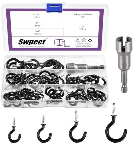 Swpeet 86Pcs 4 Sizes 3/4 7/8 1 1-1/4 Black Vinyl Coated Screw-in Hooks and Wing Nut Driver Assortment Kit, Ceiling Hooks Hanging Hooks, Heavy Duty Cup Screw Hook, Plant Hook Kitchen