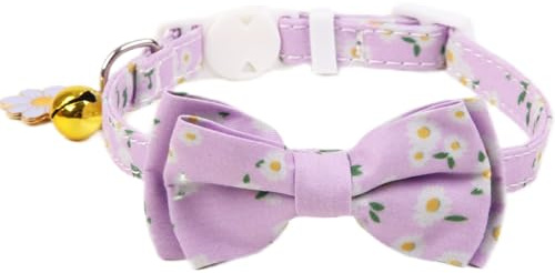 Petiry Charmantes Katzenhalsband mit abnehmbarer Fliege, violettes Kätzchenhalsband mit goldener Glocke und Gänseblümchen-Anhänger, 1 Stück, Gänseblümchen-Violett