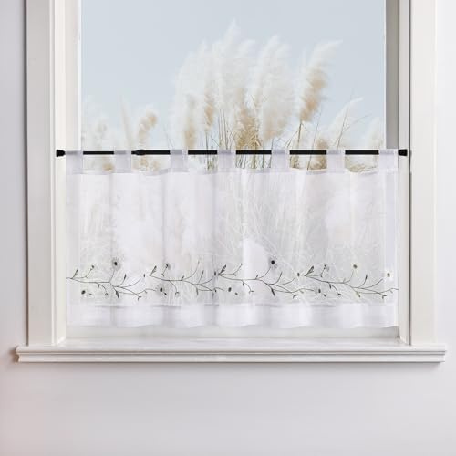 Yujiao Mao Scheibengardine, bestickt, kleine Gänseblümchen, halbtransparent, Fadenvorhang, Landhausstil, Küche, Esszimmer, kleine Fenster, weiß, HxB 45 x 90 cm