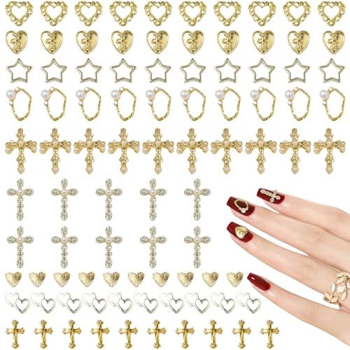 Gold Nail Charms,90Pcs Cross, Star, Heart Nail Gems and Charms,Metal Alloy Nail Accessories for Manicure Design Decorations DIY Crafts (Gold B)