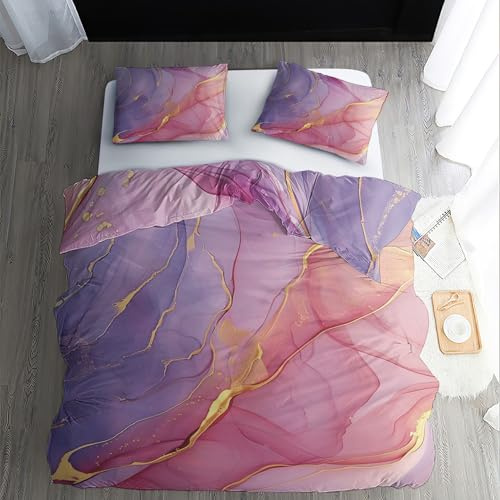 zcwl Marmor Bettwäsche 135x200 Sommer, Rosa Lila Gold Bettbezug Set 2 teilig, Weiche Kuschelige Mikrofaser Bettwäsche-Sets, Wendebettwäsche und 1 Kissenbezug 80x80 mit Reißverschluss