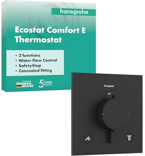 hansgrohe Ecostat Comfort E - Miscelatore termostatico incasso, Rubinetto termostatico con blocco di sicurezza (SafetyStop) a 40° C, Termostato quadrato, 2 utenze, nero opaco, 33711670