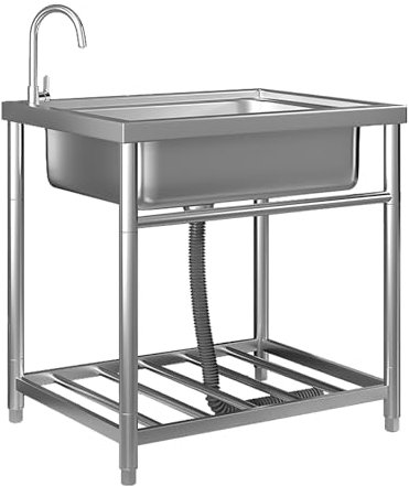 Evier Inox Cuve Simple, Évier Autoportant Avec Robinet Et Support, Pour, Cuisine, Garage, Restaurant, Jardin(53 * 40cm/21 * 15.7in)