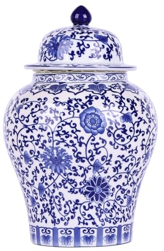 Chinoiserie Pot à gingembre – Pot général en porcelaine bleu et blanc, vase en céramique fait à la main pour décoration d'intérieur, pot décoratif de style chinois classique (lotus)