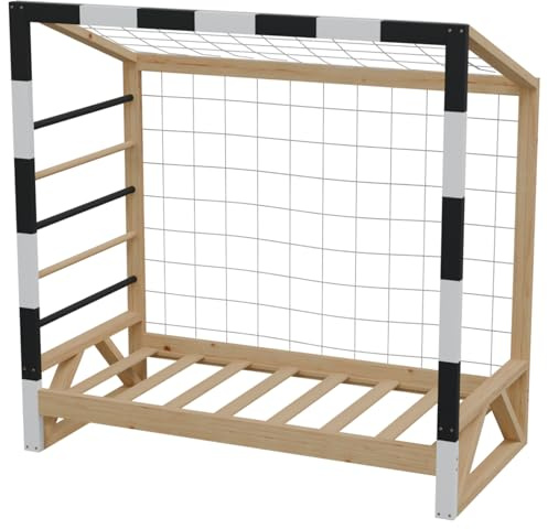 HAGO24 | Kinderbett Fußballtor | Kiefernholz | 70x140cm | Tornetz | Kletterstangen | Lattenrost | Holzrahmen | Kickerbett | Schwarz Weiß | Belastbar 80kg