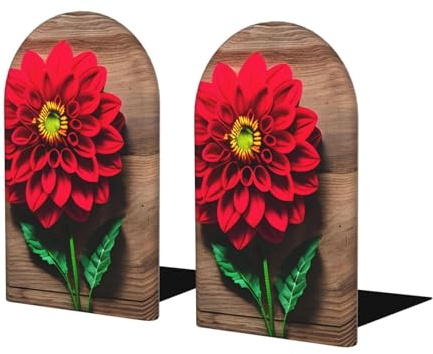 Serre-livres en bois rétro avec imprimé dahlia rouge pour livres, magazines, DVD et jeux vidéo