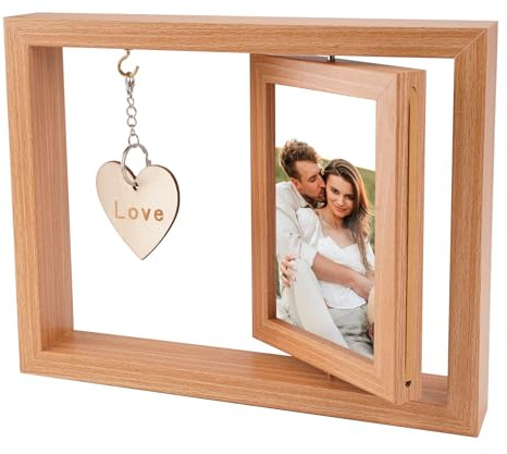 Drehbarer Fotorahmen für 2 Fotos 15x10cm, Doppelseitiger Bilderrahmen Holz mit Herz Deko, Drehbarer 360° Photo Frame, für Geburtstage Hochzeiten Weihnachten Thanksgiving Valentinstag (Holzfarbe)