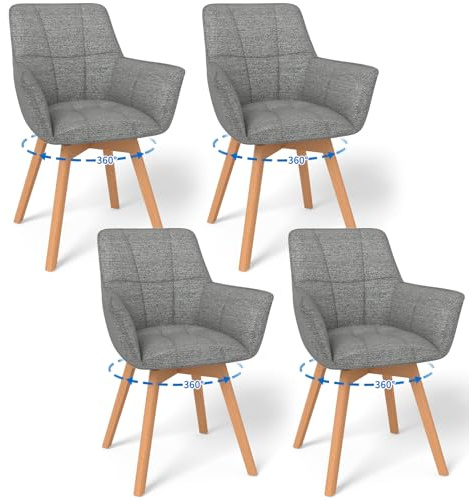 WAFTING 4er Set 360° Drehbare Esszimmerstühle mit Armlehnen und Holzbeinen | Drehbar Stühle, Moderner Küchenstuhl aus Samtstoff, Polsterstuhl für Esszimmer, Wohnzimmer, Küche, Schlafzimmer, Dunkelgrau